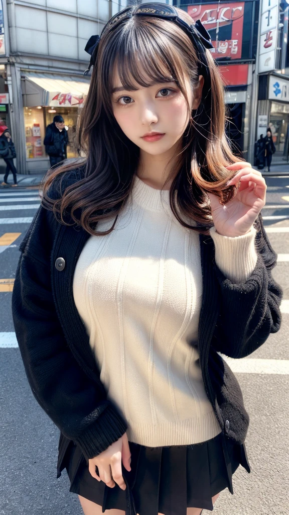muste piece, best quality, illustration, Super detailed, fine details, High resolution, 8K,wall paper, perfect dynamic composition,(Details High quality, realistic depiction of eyes:1.3), (wavy hair:1.2), Gorgeous and stylish black fluffy latest trend Tokyo winter clothes, Pea coat, wool sweater, A-line skirt, Layered Cut, black hair color, Big Natural Color Lip, sexy pose, crying a little、cold gaze, Harajuku style、20 year old girl、cute type、ta, hposing Gravure Idol, full body photo、focus on crotch, huge breasts