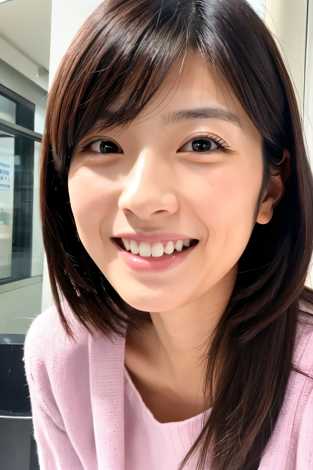 Skinny Japanese woman, 30 years old, happy face, singing detailed face, detailed eyes