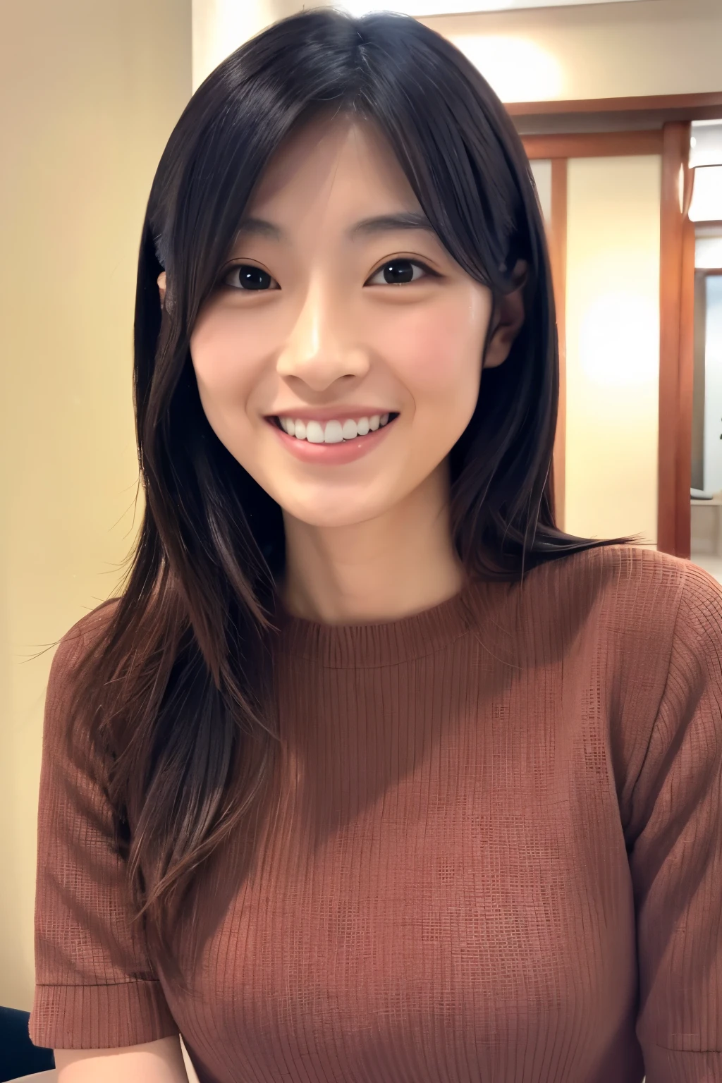 Skinny Japanese woman, 30 years old, happy face, singing detailed face, detailed eyes