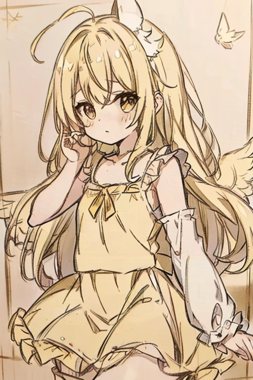 A blonde haired female angel in a cute yellow lolita dress with hazel eyes and golden wings is posing in a cute pose at the beach