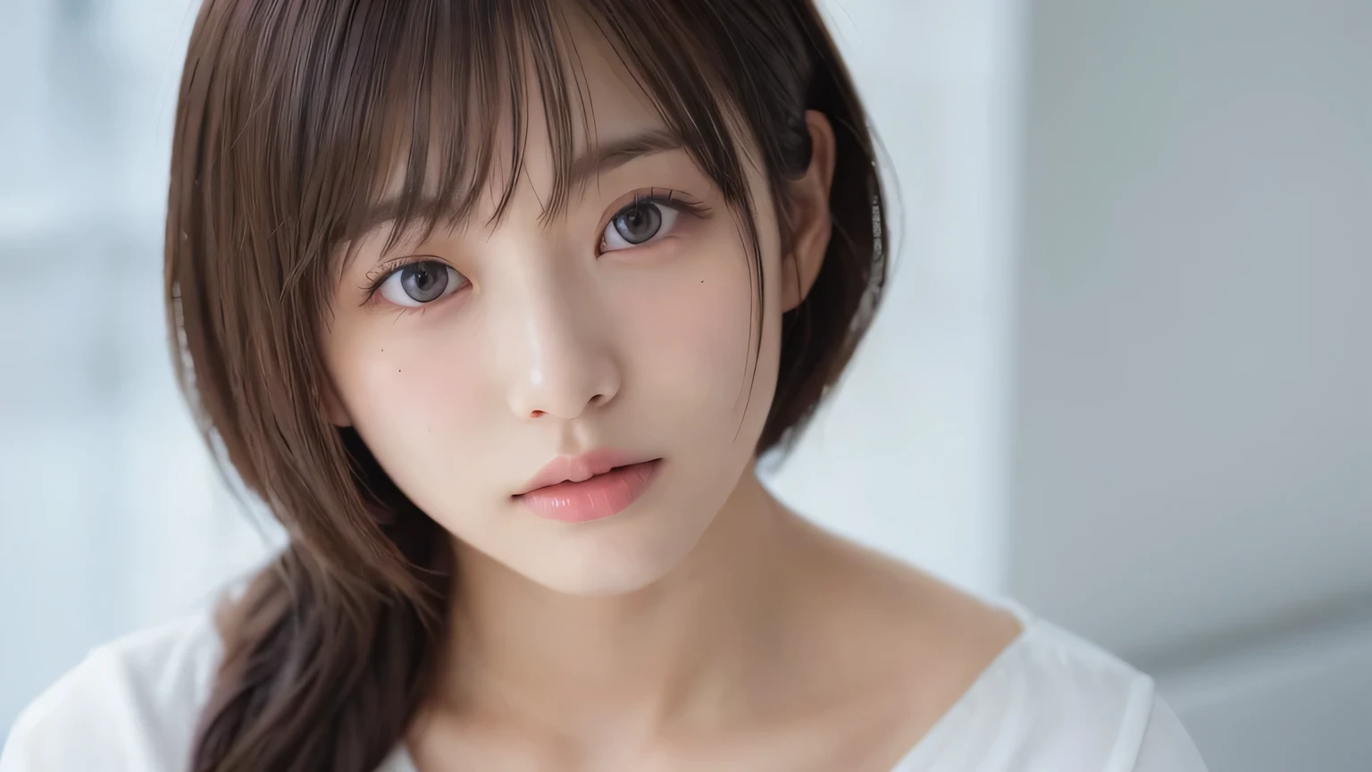 (Long Hair, bangs:1.2),(Wearing a blouse:1.2),1 girl,Japanese,21 years old,(Small breasts:1.3),(highest quality,masterpiece:1.3,超A high resolution,),(Very detailed,Caustics),(Photorealistic:1.4,RAW shooting,)Ultra-Realistic Capture,Very detailed,High resolution 16K human skin closeup。 Natural skin texture、,Pores、、、、、It must be detailed enough to be easily identifiable。 Skin tone is even and healthy looking。 Use natural light and color, Sad expression, Looking at the camera, Perfect dynamic composition, My Room