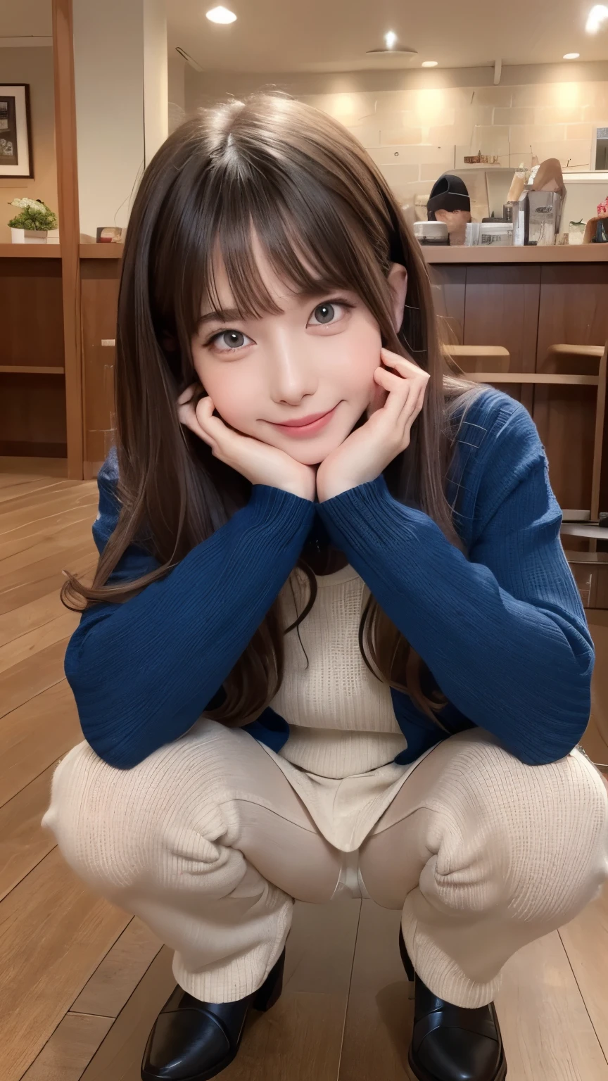 Girl in a dream.I have long colorful hair.Wearing knitted clothes.It's a rock band.Notes flying around.It is an illustration of the highest quality.It is a beautiful illustration.Very colorful.big eyes,Viewer's perspective,she is at cafe, randam pose,Squatting cowgirl position, angle of view, (nose blush:1.2), Light smile,