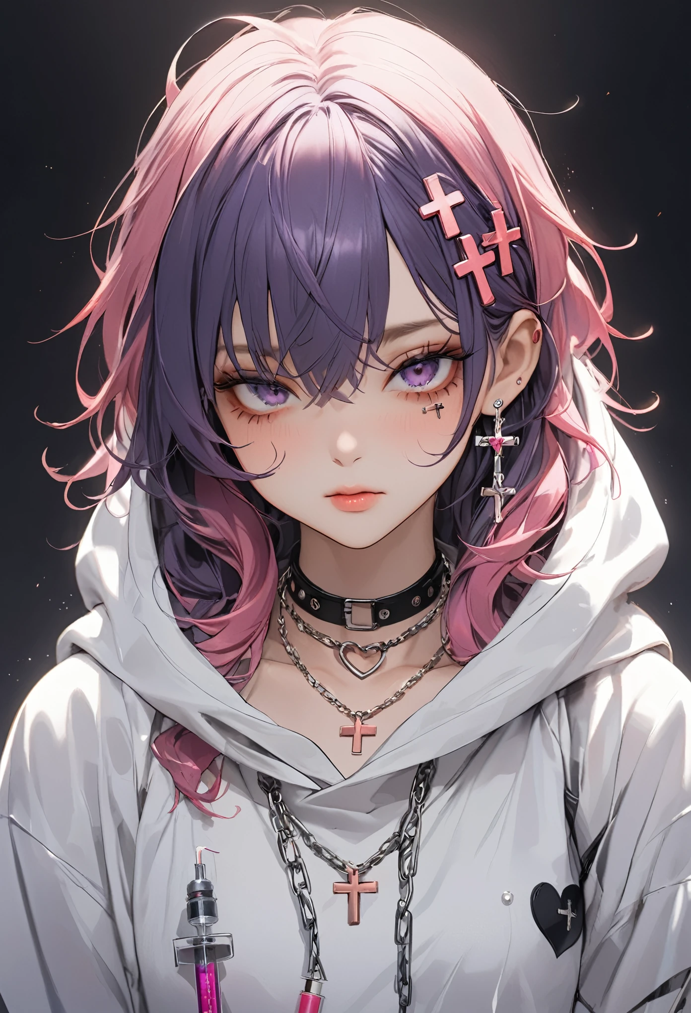 ((Masterpiece)), 1Girl, solo, black and purple hair, black beautiful ribbon, various hair ornaments, cross hair ornament, cross pin, heart pin, syringe hair ornament, messy hair ornament, wooden eyes, purple and pink Hair ornaments, dark circles under the eyes, lower eyelashes, lower eyelashes on the face, bandages, thick faces, clothes, necklaces, chains, crosses, stuffed animals, bandages, bandage-style hoodies, hospital style, simple solid color background, upper body figure, look down here, beautiful face