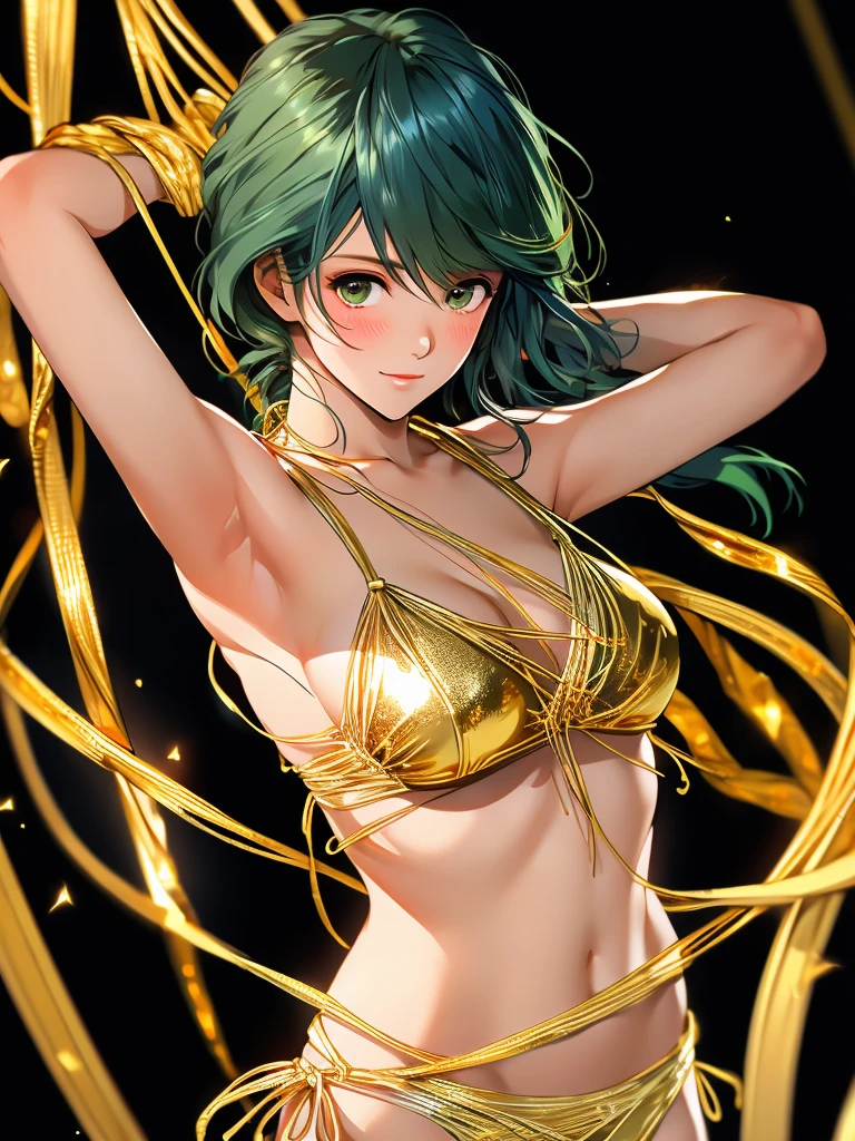 ((1girl)), tamaki, green hair, Close-up of face, winking, blush, (Shiny gold string bikini:1.3), Put your hands behind your head, Show your side, Simple solid black background