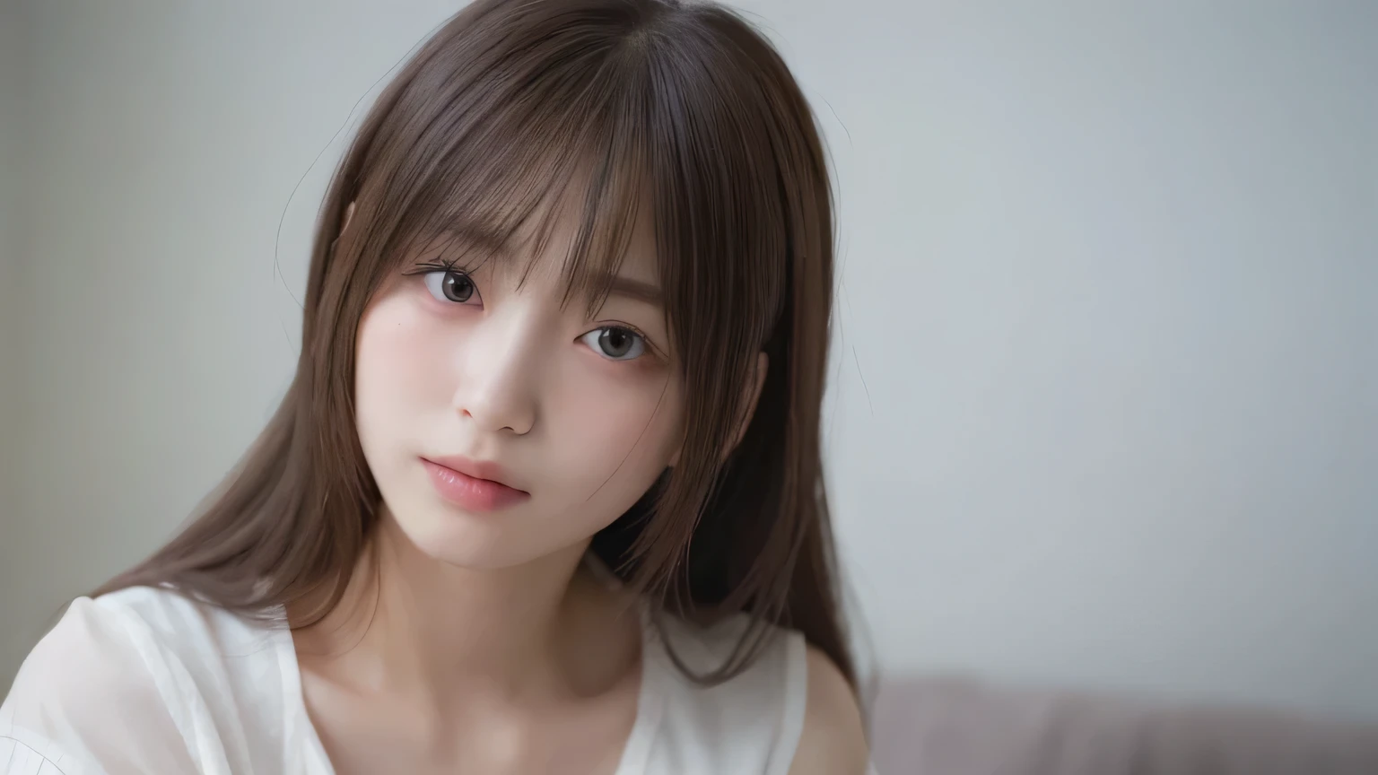 (Long Hair, bangs:1.2),(Wearing a blouse:1.2),1 girl,Japanese,21 years old,(Small breasts:1.3),(highest quality,masterpiece:1.3,超A high resolution,),(Very detailed,Caustics),(Photorealistic:1.4,RAW shooting,)Ultra-Realistic Capture,Very detailed,High resolution 16K human skin closeup。 Natural skin texture、,Pores、、、、、It must be detailed enough to be easily identifiable。 Skin tone is even and healthy looking。 Use natural light and color, Sad expression, Looking at the camera, Perfect dynamic composition, My Room