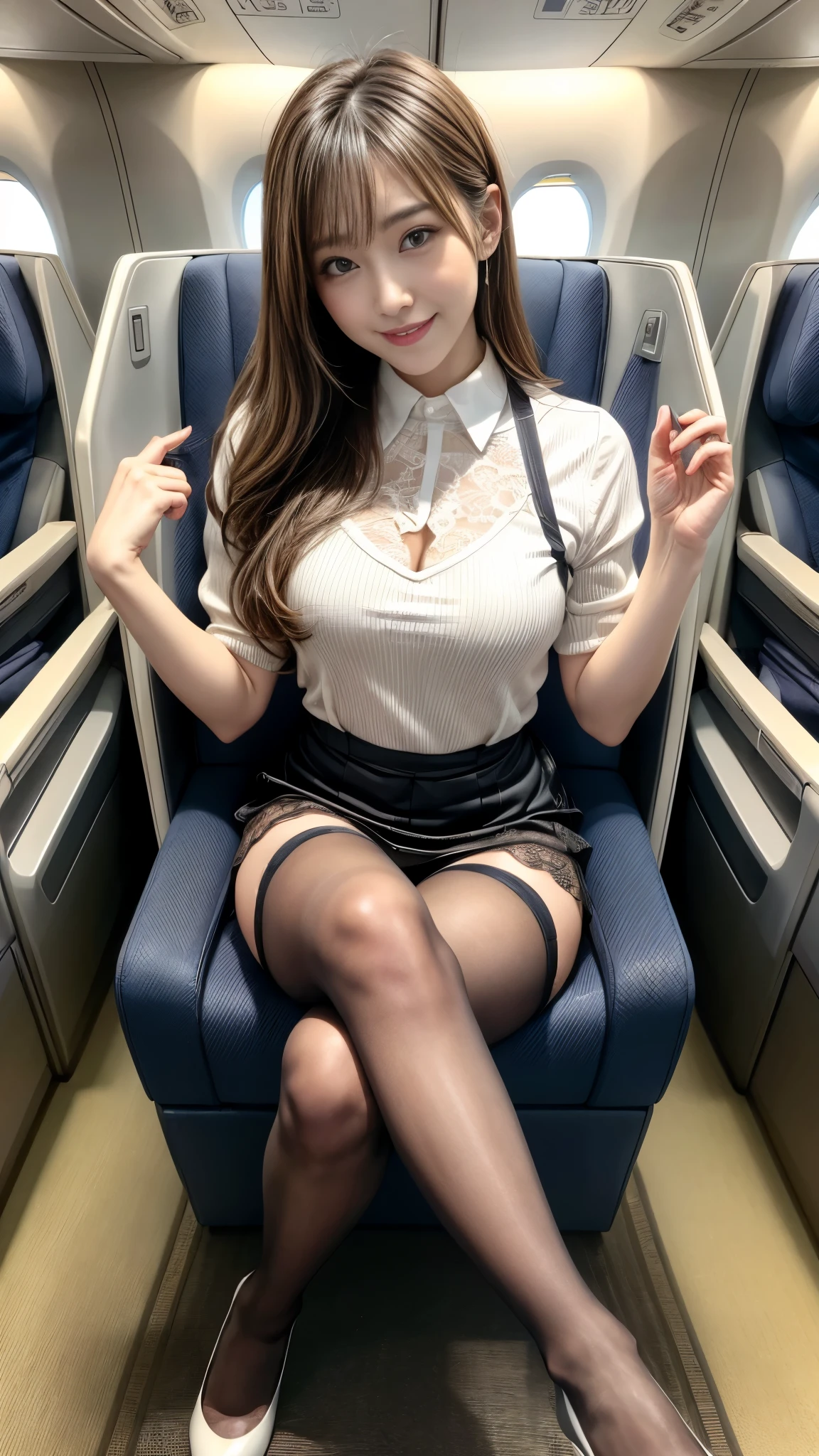 ((masterpiece、best quality))、Detailed face、Sexy 18 岁日本模特、Lovely、(Airline stewardess:1.2)、full、、Bodycon crew neck lace top，Short skirt，1 girl、Symmetrical illumination、High heel、Sexy的女人、Sexy、focus、charming、セクシーなHigh heel、ルブタンのセクシーなHigh heel、(Aircraft Business Class:1.2)、sit on the chair，Cross your legs，Sexy十足、Naughty legs、Sexy连裤袜、 White patterned pantyhose、Suspenders、Smile