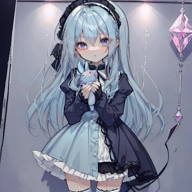 Light blue hair,Long Hair,Pink Hair,Gothic ta Costume,Miniskirt,gorgeous,gem,Holding a stuffed toy