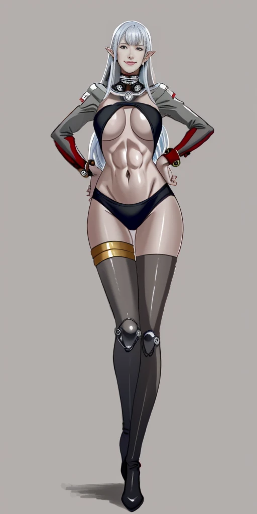 (Selvaria Bles (Valkyria Chronicles) LoRA) ((1girl)) full body standing straight symmetrical looking to the viewer, view from below, grey skin, drow, elf, mature, detailed happy face, purple eyes, white silver hair, black bikini gantz suit, abs, navel, big knockers, golden chain collar, stomach tattoo (red tattoo), hands on hips, wide hips, thick thighs