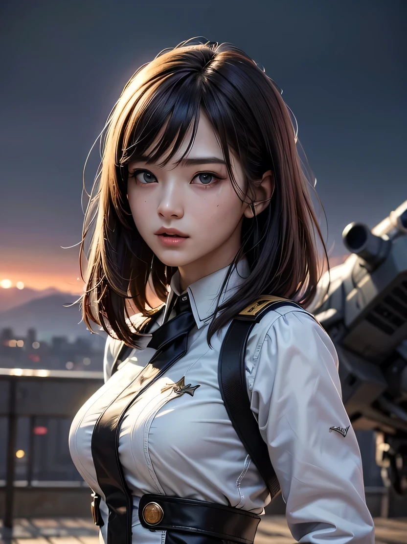 ((masterpiece、highest quality、Genuine、Very detailed、High resolution、Sharp focus、Photorealistic、Cinematic lighting))、Natural and realistic colors、((1 girl、Bust Shot))、Official Art、SF Movies、Adult female, Age 25、Dark blue eyes、Black bob short hair、uniform、Formal wear、Polite uniform、Serious face、Sharp eyes、Realistic Face、The background is a battlefield、Spaceship in the sky、Bullets fly、Dynamic Action、View your viewers、Detailed hand drawing