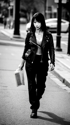 A female zombie is walking、Monochrome
