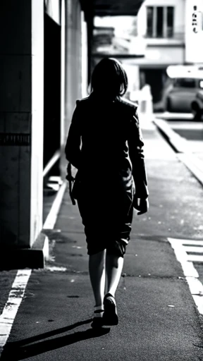 A female zombie is walking、Monochrome
