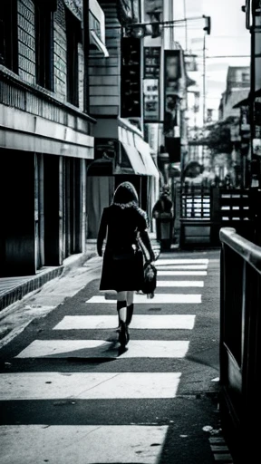 A female zombie is walking、Monochrome