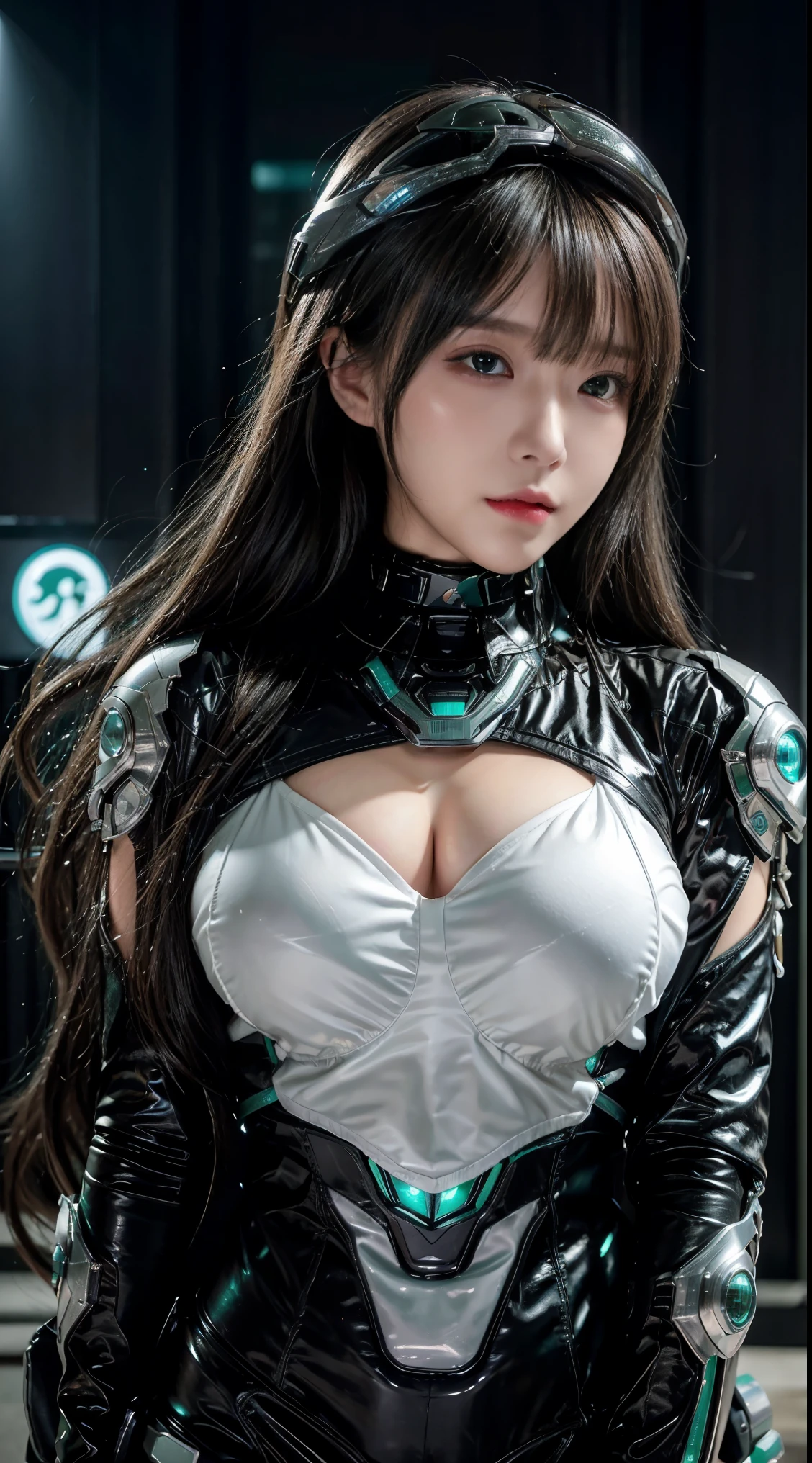 Best image quality, Great details, Ultra-high resolution, (realism: 1.4), Best illustrations, Favorite Details, Very condensed one girl, Delicate and beautiful features, Wearing a black and green mech, Wearing a mecha helmet, Hold the directional controller, Riding on motorcycle, The background is a futuristic city high tech lighting scene.