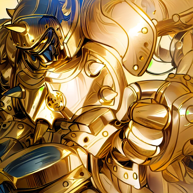 gilded shiny armour, golden armour, heavy golden armour, the golden humanoid robot, heavy gold armour, anime image of a giant robot with a huge smile on his face, solo