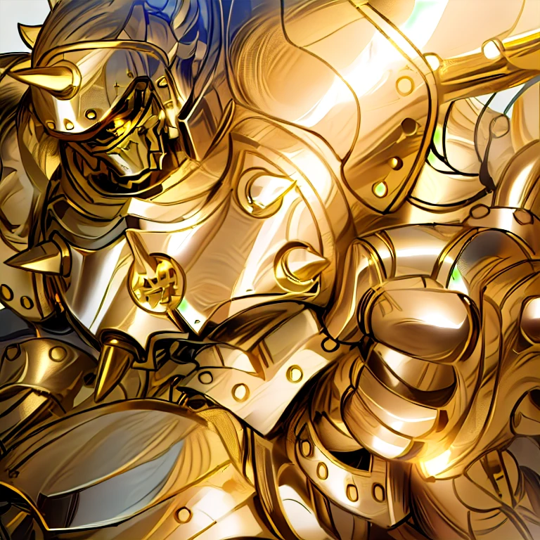 gilded shiny armour, golden armour, heavy golden armour, the golden humanoid robot, heavy gold armour, anime image of a giant robot with a huge smile on his face, solo