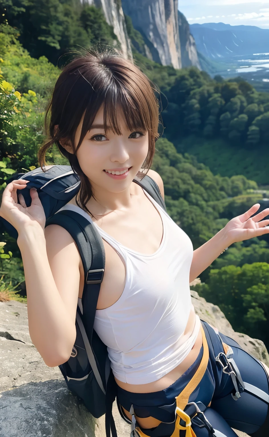 (Highly detailed CG Unity 8k wallpaper, of the highest quality, Ultra-detailed, High resolution, masutepiece, Realistic, Photorealistic:1.5), (cute Japanese girls), extra detailed face, Face Focus, Beautiful detailed eyes, Eye focus, (Detailed background), detailed  clothes, super detailed skin, (She&#39;s wearing a cute pink tank top:1.6), (Wearing a backpack:1.6), (mont:1.5), Midi wavy hair, Brown hair, Floating hair, medium breasts⁩, medium ass, (make up), (Adorable smile:1.3), (POV:1.4),