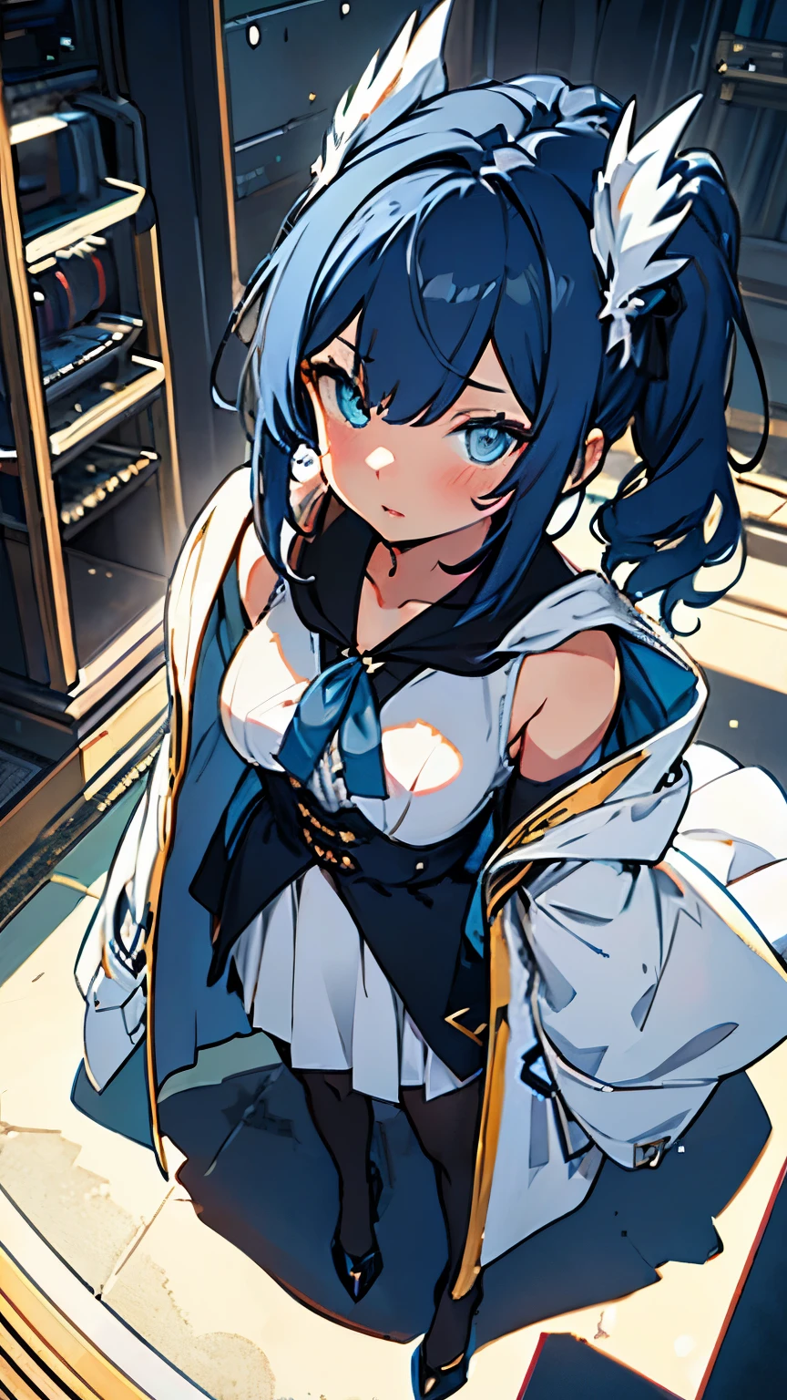 (QUALITY:0)
8k, 8k wallpaper, (an extremely delicate and beautiful:1.1), (beautiful detailed eyes:1.3), (best illustration:1.1), (best quality:1.3), (best shadow:1.1), (cinematic lighting:1.2), detailed eyes, (detailed_light:1.1), (dreamy:1.1), (extremely detailed CG unity 8k wallpaper:1.1), highres, (masterpiece:1.3), official_art, ray tracing, (stylized:1.3), trending on artstation, (ultra_detailed:1.2)
(STYLE & COMPOSITION:0)
1girl, (from_above, full_body:1.4), solo
(POSE & EXPRESSION:0)
blush, head_tilt, legs_apart, lips_apart, looking_at_viewer, standing, unamused
(CHARACTER:0)
Blue_eyes, dark_blue_hair, dark_blue_long_hair, dark_blue_ponytail, (dualtone_hair,blue_outer, black_inner), silk_white_pantyhose, white_stockings, white_socks, bare_shoulders, white_shirt, white_skirt, breasts_apart, blouse, white_blouse, fluffy_blouse, white_robe, ornate_robe, robe, collarbone, high_heels, lips, long_sleeves, makeup, plaid_skirt, high_waist_skirt, shiny_hair, shrug_\(clothing\), (small_breasts:1.3), very_long_hair
(BACKGROUND:0)
(TEXTUAL INVERSION:0)