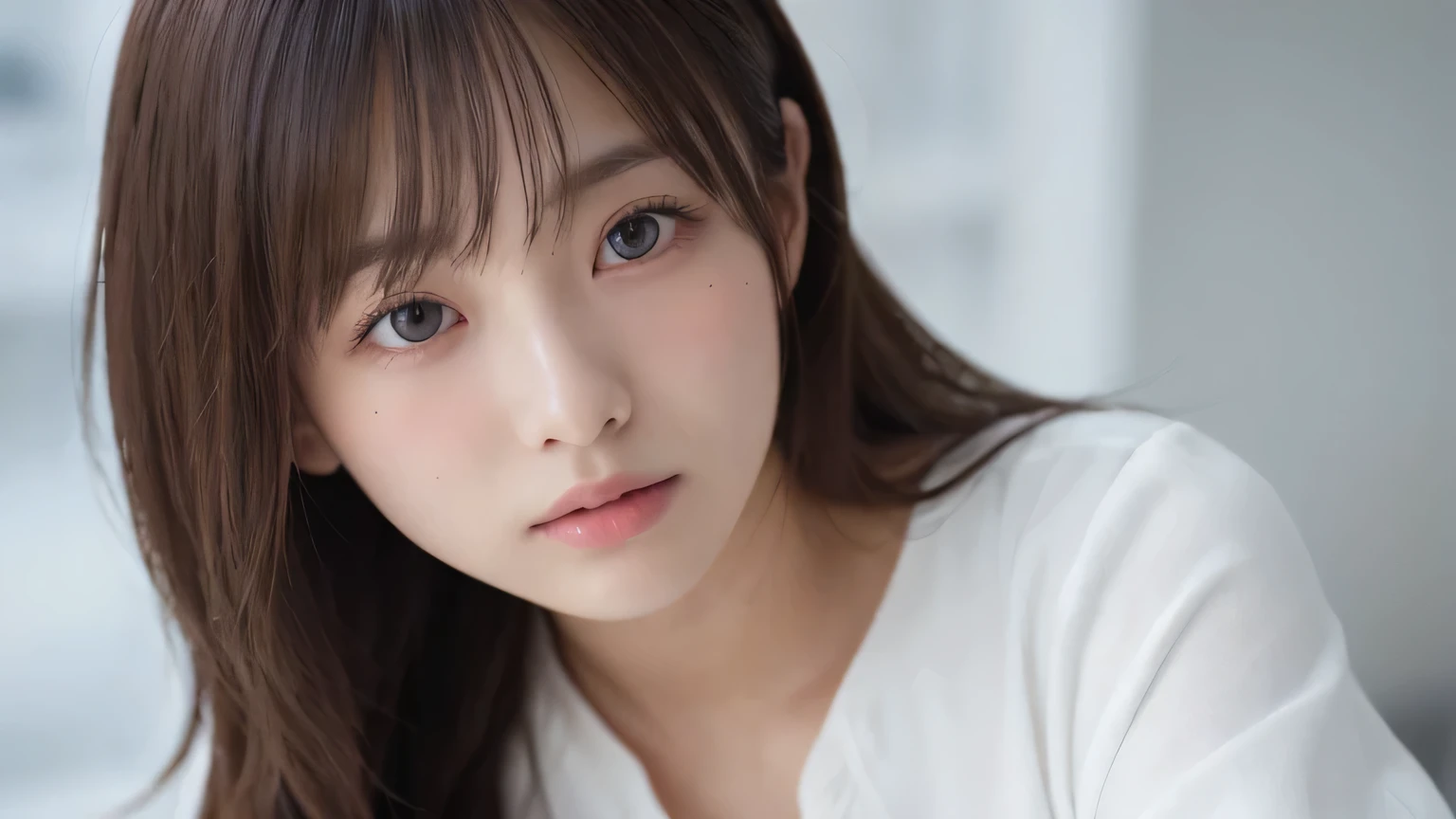 (Long Hair, bangs:1.2),(Wearing a blouse:1.2),1 girl,Japanese,21 years old,(Small breasts:1.3),(highest quality,masterpiece:1.3,超A high resolution,),(Very detailed,Caustics),(Photorealistic:1.4,RAW shooting,)Ultra-Realistic Capture,Very detailed,High resolution 16K human skin closeup。 Natural skin texture、,Pores、、、、、It must be detailed enough to be easily identifiable。 Skin tone is even and healthy looking。 Use natural light and color, Sad expression, Looking at the camera, Perfect dynamic composition, My Room