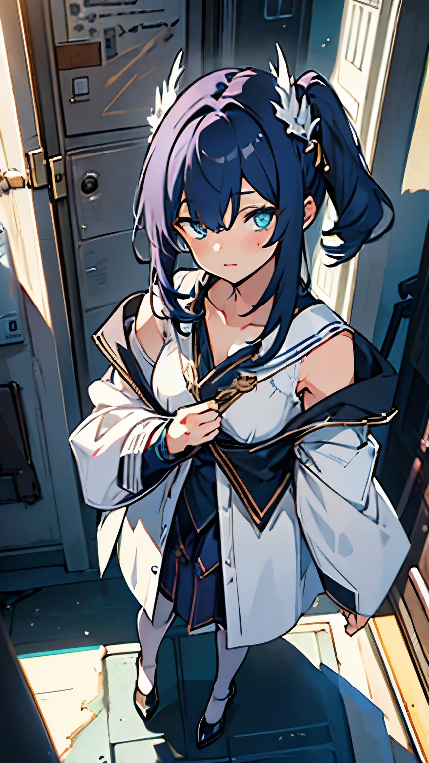 (QUALITY:0)
8k, 8k wallpaper, (an extremely delicate and beautiful:1.1), (beautiful detailed eyes:1.3), (best illustration:1.1), (best quality:1.3), (best shadow:1.1), (cinematic lighting:1.2), detailed eyes, (detailed_light:1.1), (dreamy:1.1), (extremely detailed CG unity 8k wallpaper:1.1), highres, (masterpiece:1.3), official_art, ray tracing, (stylized:1.3), trending on artstation, (ultra_detailed:1.2)

(STYLE & COMPOSITION:0)
1girl, (from_above, full_body:1.4), solo

(POSE & EXPRESSION:0)
blush, head_tilt, legs_apart, lips_apart, looking_at_viewer, standing, unamused

(CHARACTER:0)
Blue_eyes, dark_blue_hair, dark_blue_long_hair, dark_blue_ponytail, (dualtone_hair,blue_outer, black_inner), silk_white_pantyhose, white_stockings, white_socks, bare_shoulders, white_shirt, white_skirt, breasts_apart, blouse, white_blouse, fluffy_blouse, white_robe, ornate_robe, robe, collarbone, high_heels, lips, long_sleeves, makeup, plaid_skirt, high_waist_skirt, shiny_hair, shrug_\(clothing\), (small_breasts:1.3), very_long_hair

(BACKGROUND:0)

(TEXTUAL INVERSION:0)
