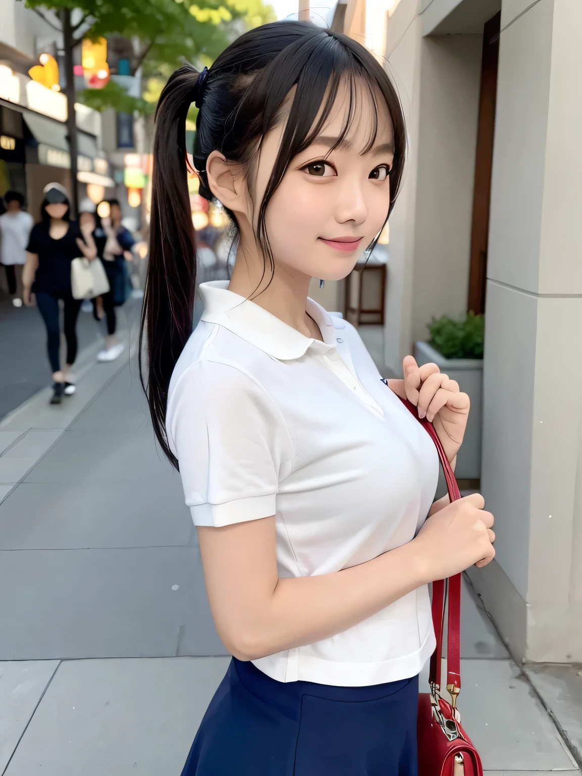 one person、one person、smile、An 18-year-old high school girl posing for a photo in a white open-front shirt、Twin tails、Red mini skirt、Holding a red handbag、victory、masterpiece、high resolution、Sharp focus）、cute、Japanese women、18-year-old、sexy、Laughter、(Perfect Anatomy、Delicate and beautiful body、Navy blue polo shirt)、A bustling city、I&#39;m shopping、smile、Small breasts、Nogizaka Idol、Slim figure、sexy、