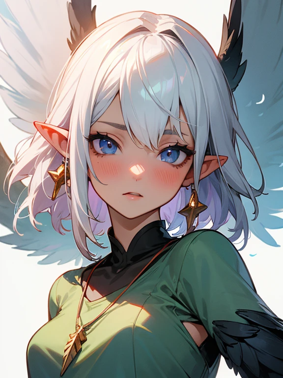 Masterpiece, best quality, expressive eyes, perfect face, 1girl, solo, wings, feathers, monster girl, harpy, winged arms, blush, pointy ears, white hair, feathered wings,necklace,