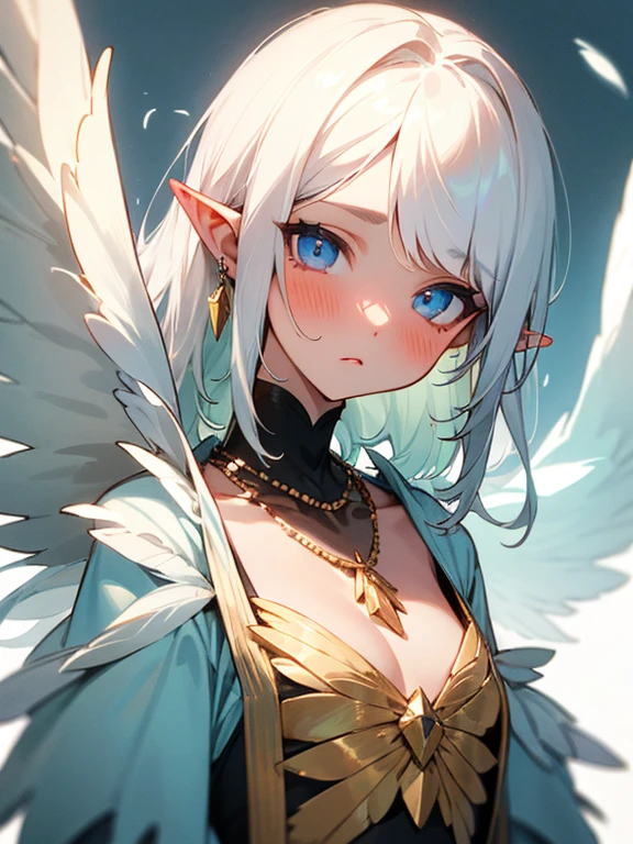 Masterpiece, best quality, expressive eyes, perfect face, 1girl, solo, wings, feathers, monster girl, harpy, winged arms, blush, pointy ears, white hair, feathered wings,necklace,