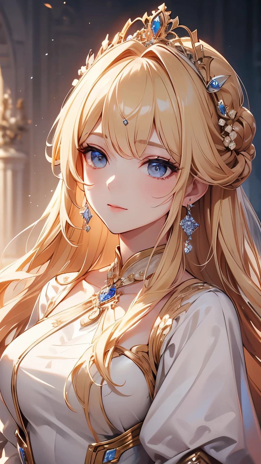 ((masterpiece)), (textured skin), ((high details)), best quality, award winning, 8k, beautiful woman, silk dress, Noble, princess, queen, blonde, half updo, hair flaps, tiara, crystal earrings