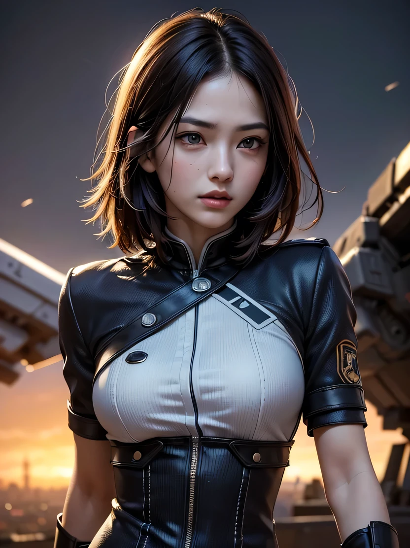 ((masterpiece、highest quality、Genuine、Very detailed、High resolution、Sharp focus、Photorealistic、Cinematic lighting))、Natural and realistic colors、((1 girl、Bust Shot))、Official Art、SF Movies、Adult female, Age 25、Dark blue eyes、Black bob short hair、uniform、Formal wear、Polite uniform、Serious face、Sharp eyes、Realistic Face、The background is a battlefield、Spaceship in the sky、Bullets fly、Dynamic Action、View your viewers、Detailed hand drawing