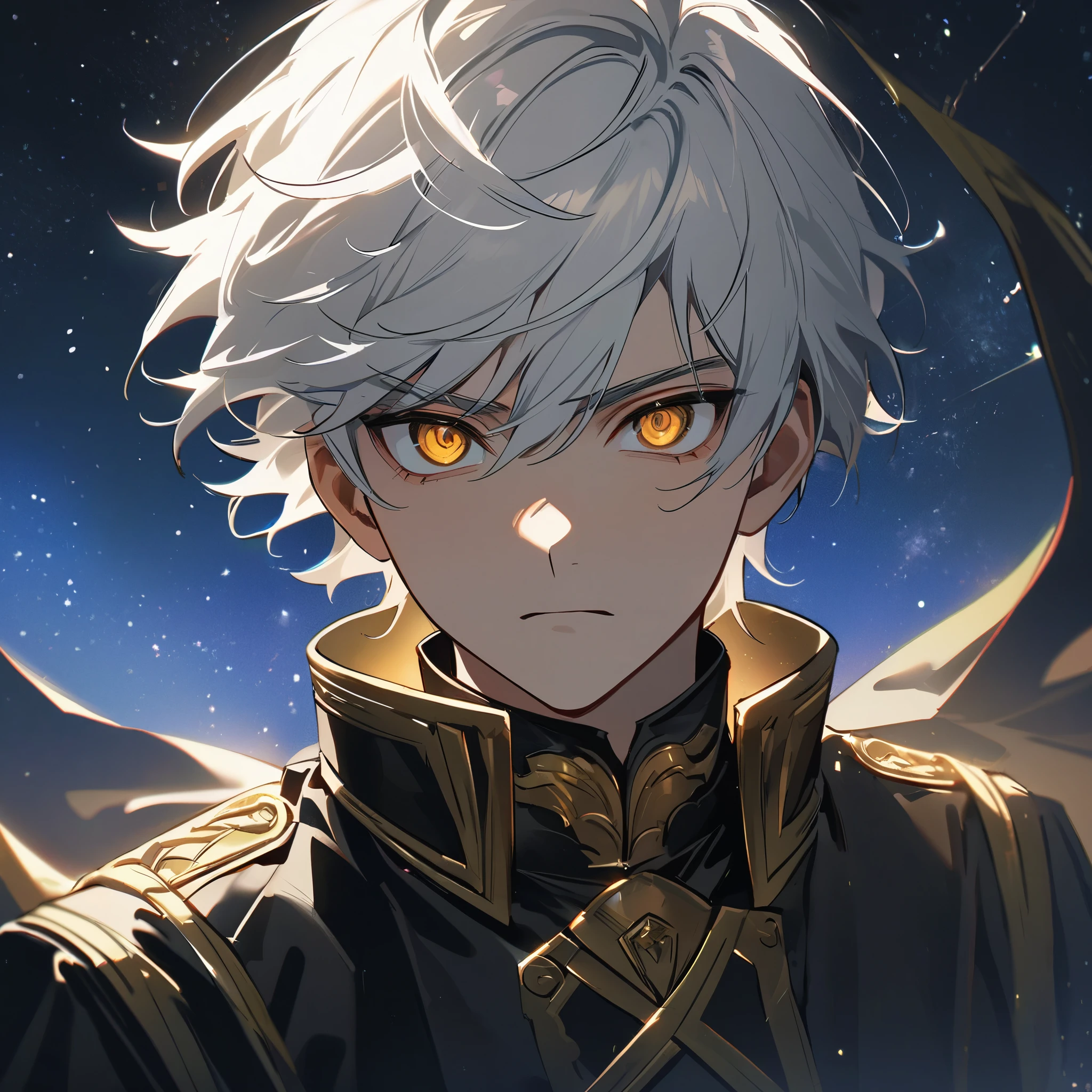 High quality, handsome male, 1male, , teenager, go lining, godly, short white hair, flat cut hair, sharp eyes, gold eyes, devil may cry, close up, calm expression, stoic, black military clothes, black clothing, upper body, looking at viewer, cowboy shot, space background