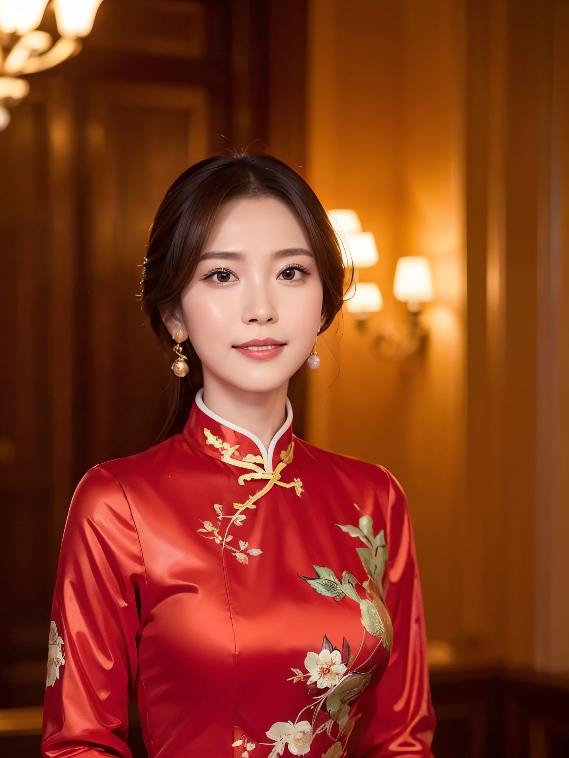 One Girl,Shrubs,Girl Girl,China dress,Red Chinese clothing,Blunt haircut,(masterpiece:1.4),(highest quality:1.4),(Oily, Shiny skin),Red lips,Looking at the audience,Big Breasts,Cleft lip, Upper Body,