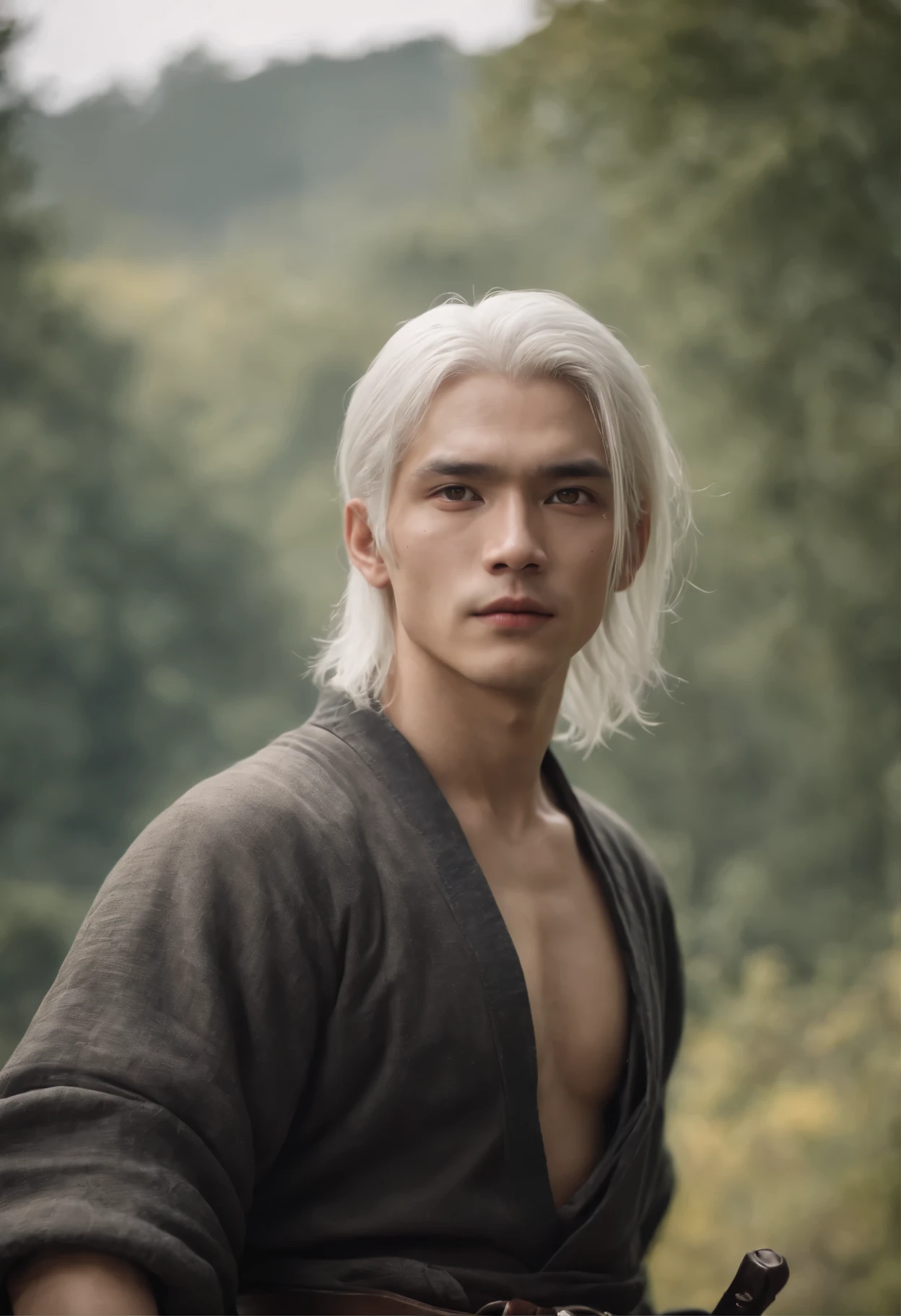 A young man with straight white hair and yellow eyes。There is writing all over the body、A belt covers the chest and forearms。