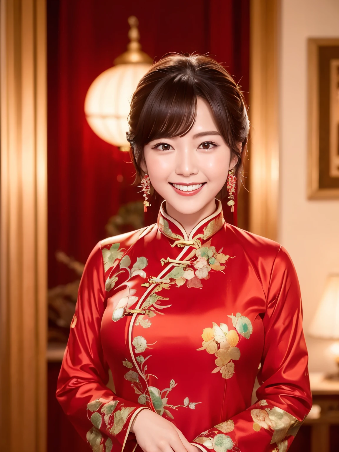 One Girl,Shrubs,Girl Girl,China dress,Red Chinese clothing,Blunt haircut,(masterpiece:1.4),(highest quality:1.4),(Oily, Shiny skin),Red lips,Looking at the audience,Big Breasts,Cleft lip, Upper Body,(A kind smile:1.5)