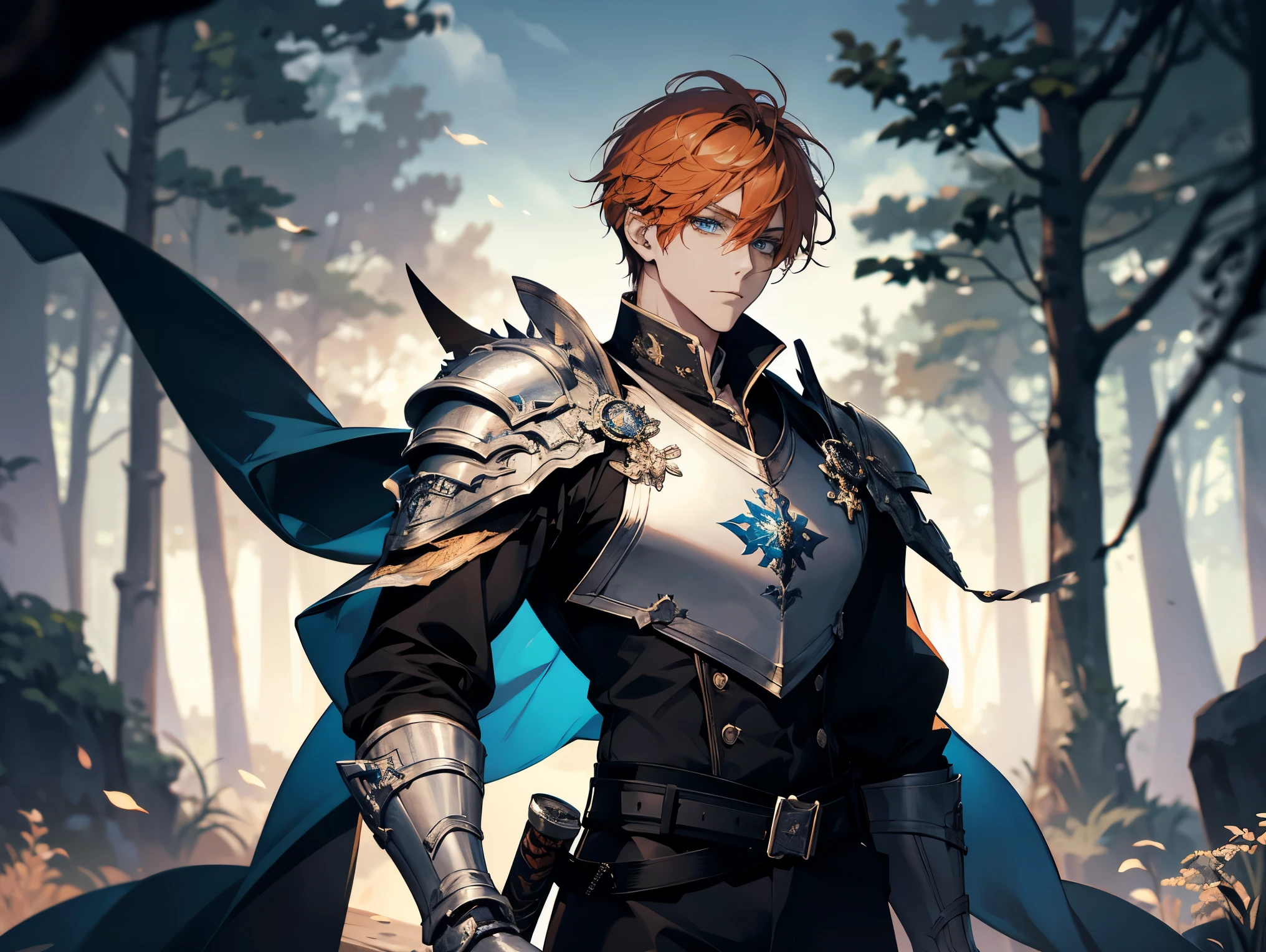 1 male, 26 year old, masculine, short orange hair, Attractive, White armor, Rolled up sleeves, Black belt, Black pants, Beautiful blue eyes、beautiful hair、no expression, Trending on ArtStation, 8K resolution, Highly detailed, Anatomically correct, Sharp Image, Digital Painting, Concept art, of the highest quality、forest background, holding a long blue long sword.