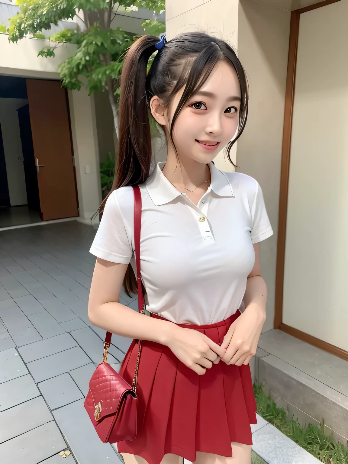 8k、best image quality、masterpiece、summer、Japanese high school girl meets friends while commuting to school。she smiled。、I winked in my right eye.、１２age、short hair、Clothes with red and white lace、mini skirt、Cute ribbon on head、