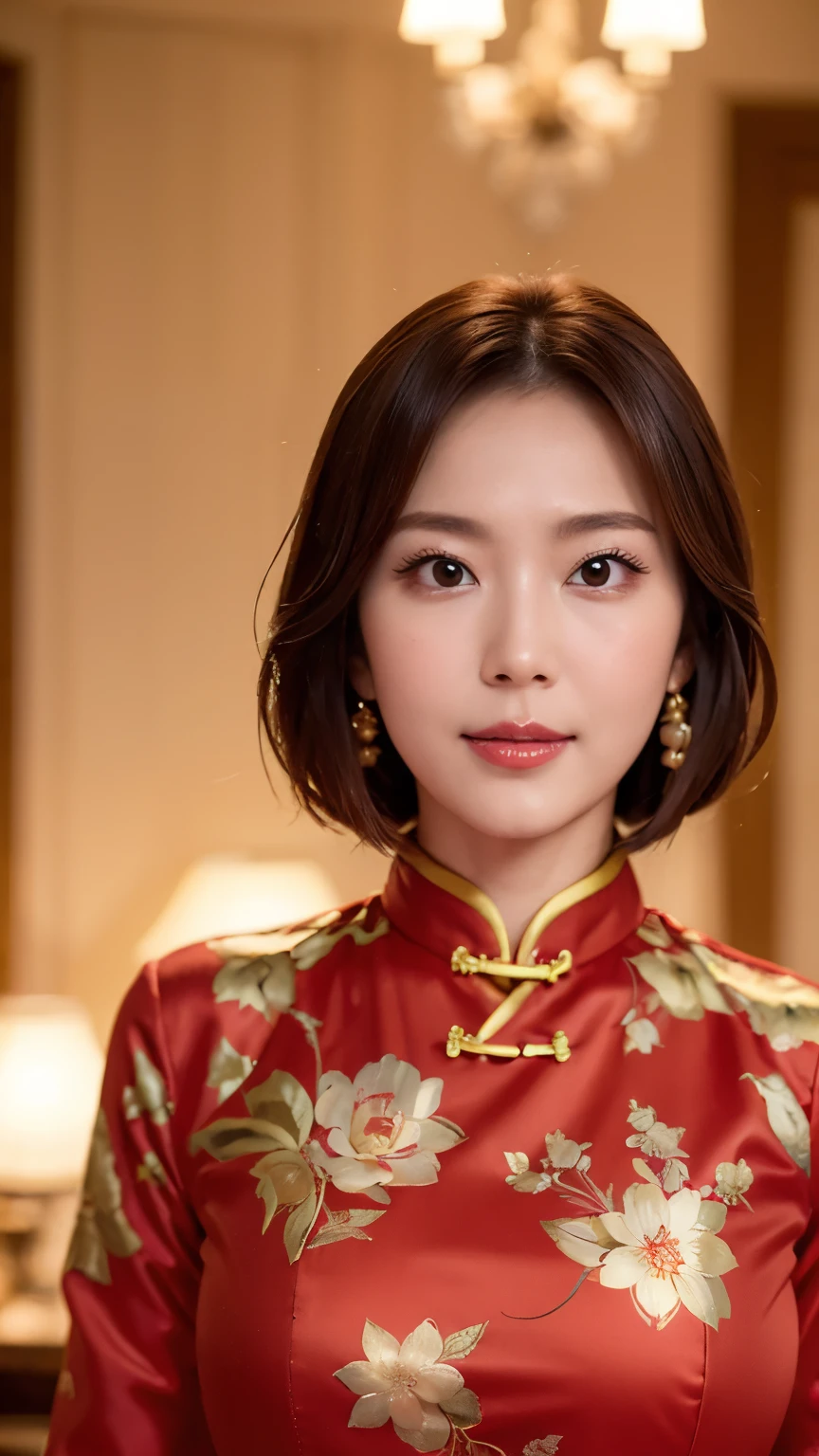 One Girl,Shrubs,Girl Girl,China dress,Red Chinese clothing,Blunt haircut,(masterpiece:1.4),(highest quality:1.4),(Oily, Shiny skin),Red lips,Looking at the audience,Big Breasts,Cleft lip, Upper Body,