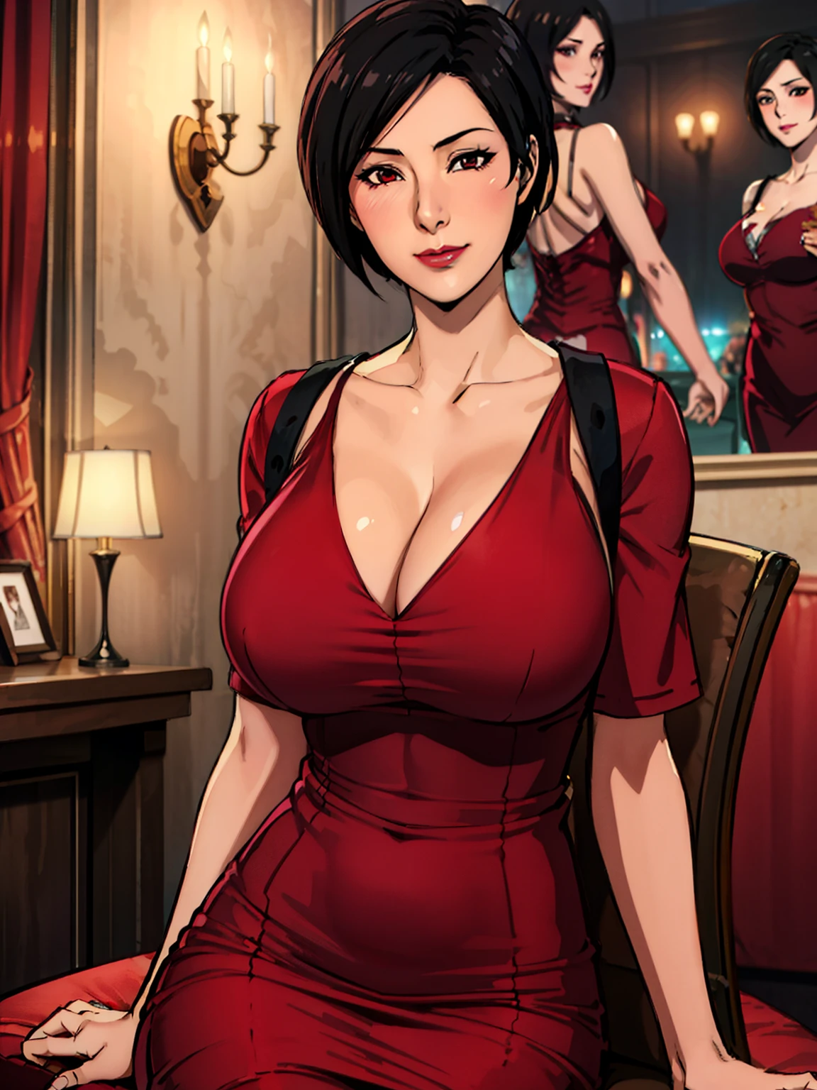 sitting on round luxury chair, gala night background, glamorous room, crowded, ada wong, anime cels style, best quality, high resolution, 1girl, (huge breasts:1.2), beautiful face, lipstick, cowboy shot of beautiful ada, looking at viewer, red dress, black hair, blush, short hair, light smile