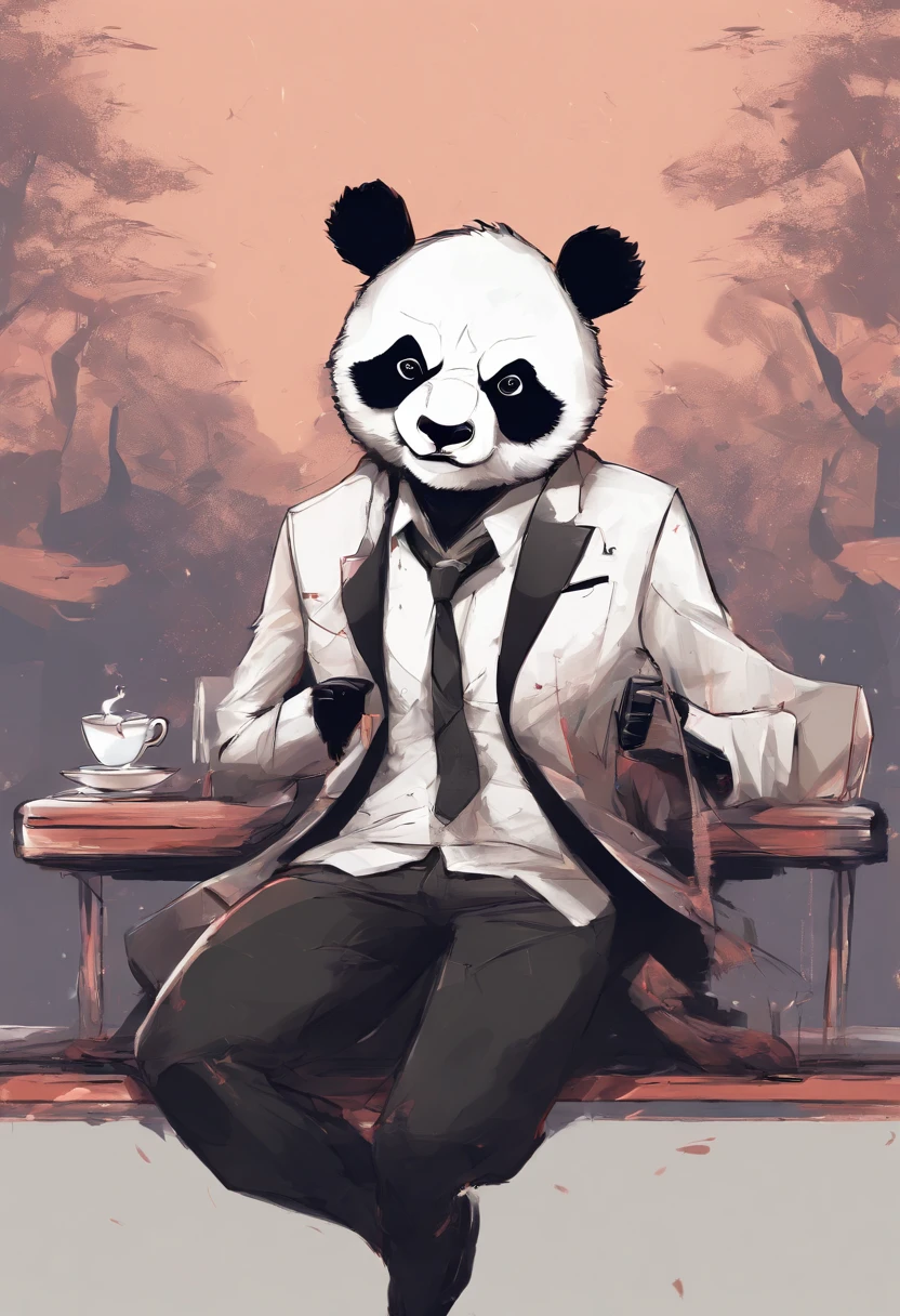 anthropomorphic panda, de cuerpo entero, vestido formalmente con un blazer, sostiene una bandeja, pegatina de panda, sticker de panda.