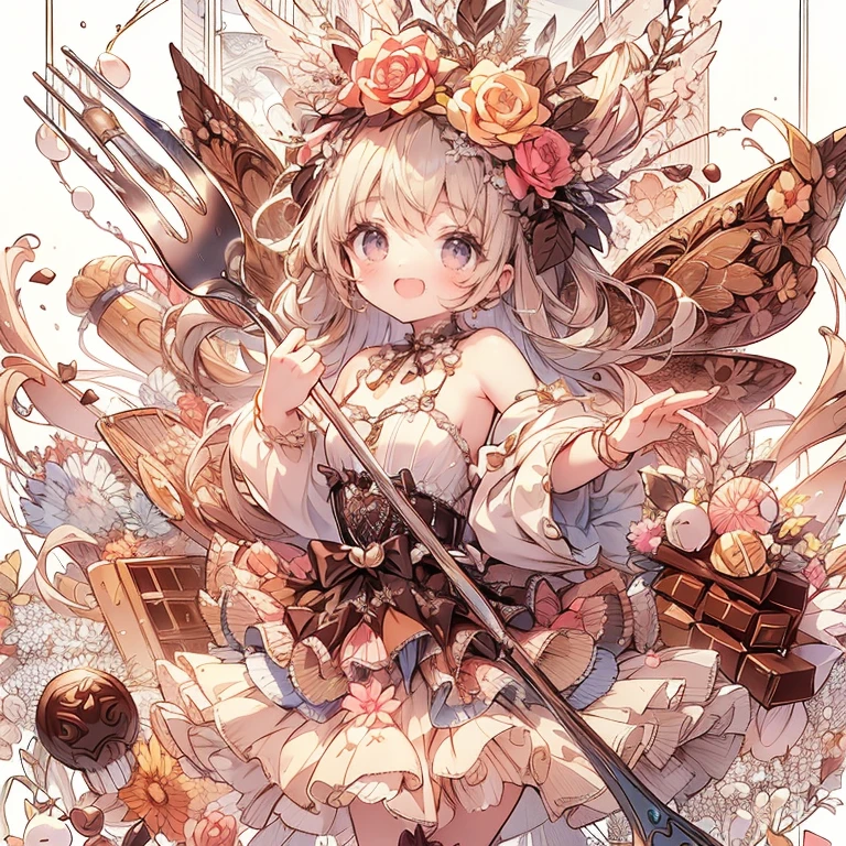 (Exquisite, beautiful, Very detailed, masterpiece, High resolution,high quality,High resolution),(Well-formed face,Soft and thin lines: 1.2, beautiful, Delicate and vivid illustrations with a mature and clear feel), Lots of beautiful and delicious looking chocolates,A chocolate-winged fairy is floating in the air holding a large silver fork with a Happy smile on his face,Chocolate motif ball gown dress, Race, Ruffles and ribbons, fluffy, Black and white tones on a dark brown base.,Chocolate Tiara,neckRace,Earrings,bRacelet,chocolate fairy wings,(Short eyebrows,Pale pink blush, Plump pink lips,beautiful瞳,かなり大きくてfluffyバスト,Open chest,Fair skin, Good style,Knee-high with Race,),Happy,smile,Melted chocolate,Chocolate cake,truffle chocolate,chocolate bar,Pocky,chocolate cookies,Bright colors,Eye-catching colors,Dynamic Angle,Cute Dream,