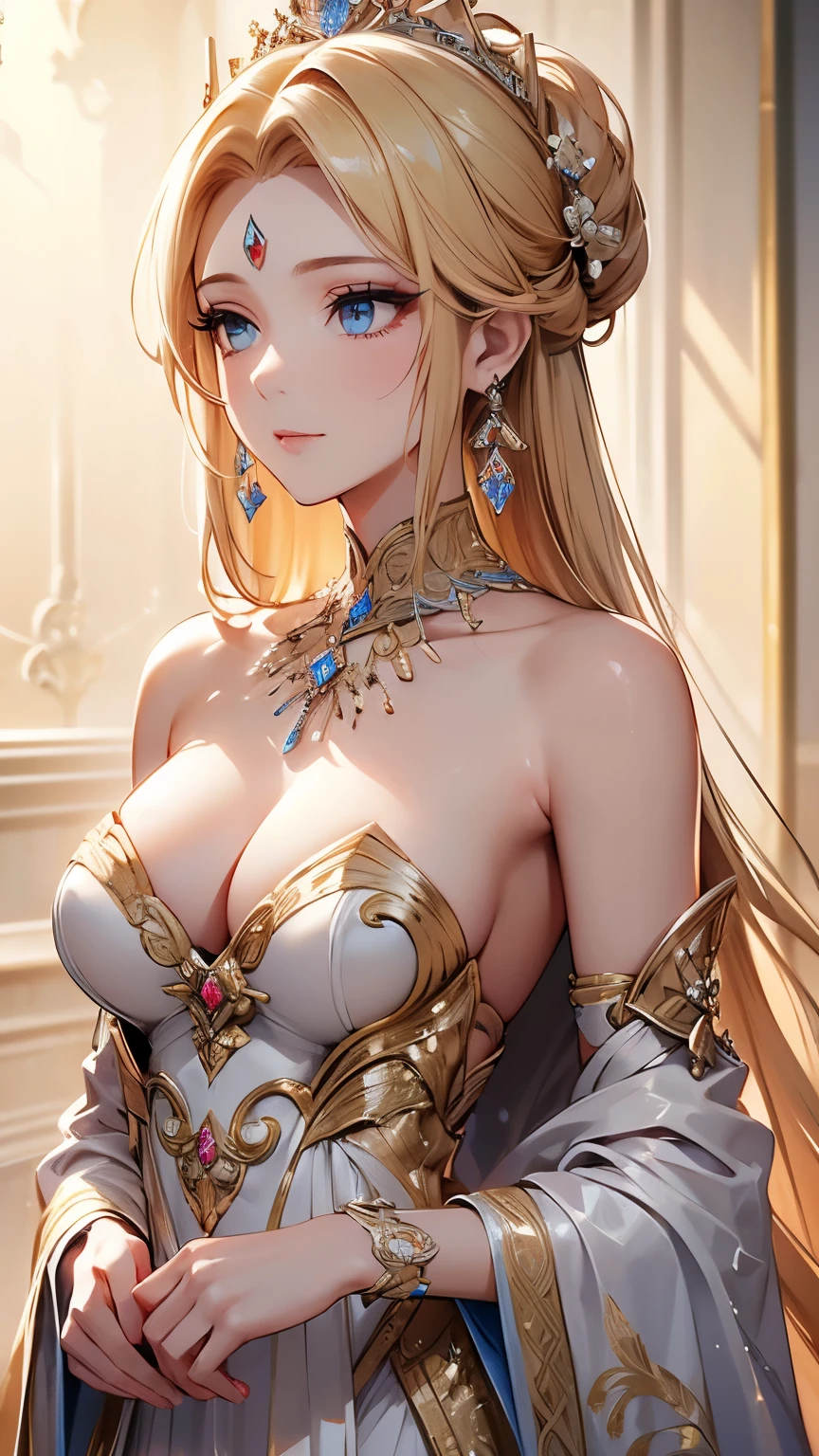 ((masterpiece)), (textured skin), ((high details)), best quality, award winning, 8k, beautiful woman, silk dress, Noble, princess, queen, blonde, half updo, hair flaps, tiara, crystal earrings, Sharp focus A beautiful woman with perfect body, Slim abdomen