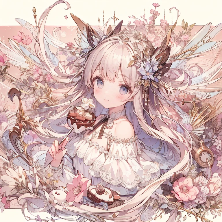 (Exquisite, beautiful, Very detailed, masterpiece, High resolution,high quality,High resolution),(Well-formed face,Soft and thin lines: 1.2, beautiful, Delicate and vivid illustrations with a mature and clear feel), Lots of beautiful and delicious looking chocolates,A chocolate-winged fairy is floating in the air holding a large silver fork with a Happy smile on his face,Chocolate motif ball gown dress, Race, Ruffles and ribbons, fluffy, Black and white tones on a dark brown base.,Chocolate Tiara,neckRace,Earrings,bRacelet,chocolate fairy wings,(Short eyebrows,Pale pink blush, Plump pink lips,beautiful瞳,かなり大きくてfluffyバスト,Open chest,Fair skin, Good style,Knee-high with Race,),Happy,smile,Melted chocolate,Chocolate cake,truffle chocolate,chocolate bar,Pocky,chocolate cookies,Bright colors,Eye-catching colors,Dynamic Angle,Cute Dream,