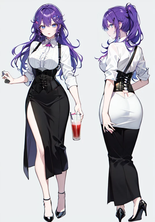 Purple Hair,Long Hair,Adult female,(bartender),((Roll up your shirt sleeves)),(corset),(long Skirt),(slit),(High heels),((Simple Background)),smile,((whole body)),((whole body)),Character Sheet,