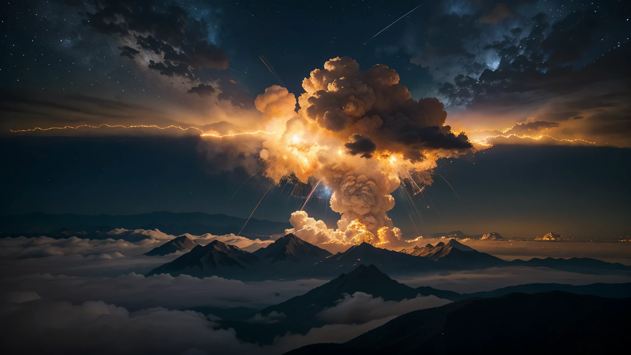 Epic movie poster, Volcano erupting, non-Pacific (oceano:1.1), (ondas:0.9), fundo de ilha deserta, palmeiras, praia, fluffy clouds in the sky, outrun, vaporware, trending in artstation,  altamente detalhado, detalhe fino, intrincado, (lens flare: 0.9), (retroiluminação: 0.9), (bloom: 0.9), [Style-Micro::10]