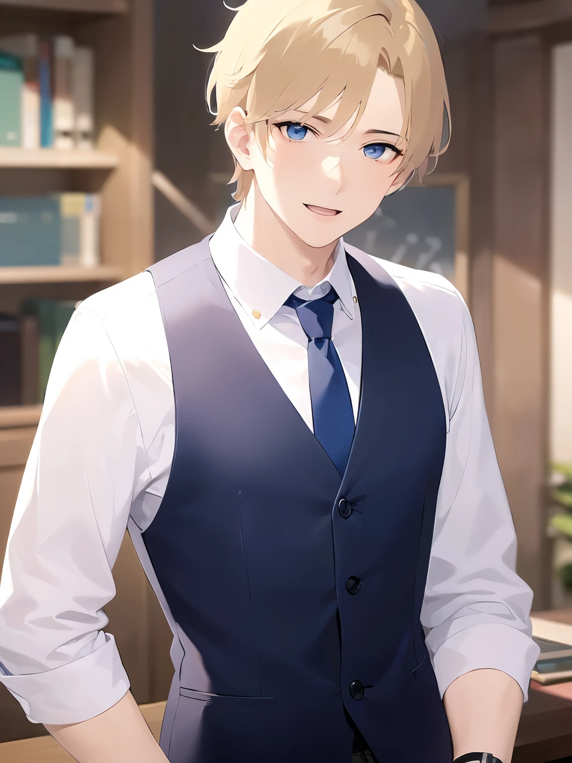 masterpiece、highest quality、(25-year-old male:1.5) and (Blonde short hair) and (blue eyes) , (White shirt) and (Blue tie)、grin、open mouth, The background is the office、(Alone:1.5)、Upper body is shown、Are standing