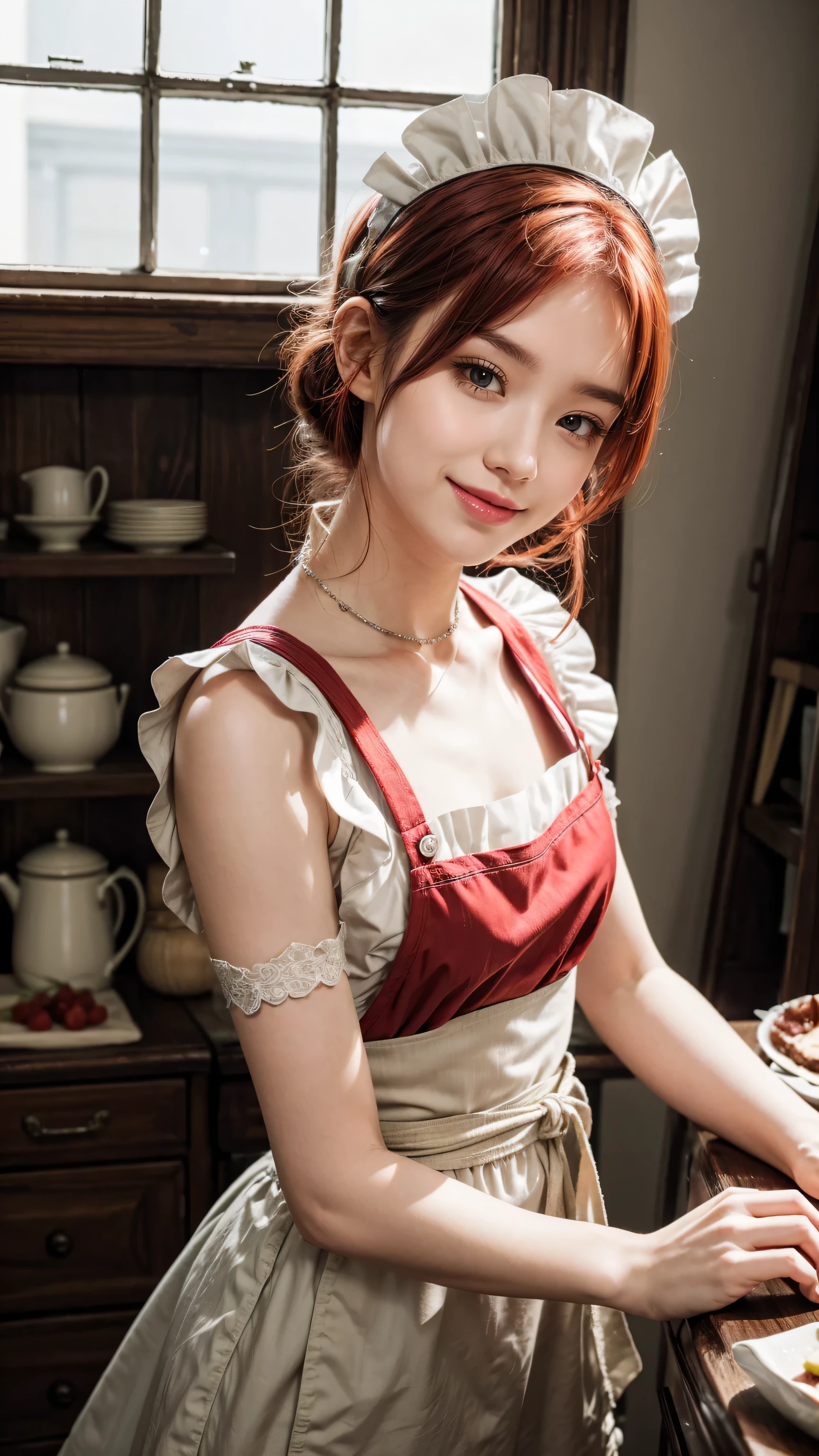 best quality, masterpiece, Solitary, 1 boy, Smile,Red hair, maid, maid apron, maid headdress, Green Eyes,