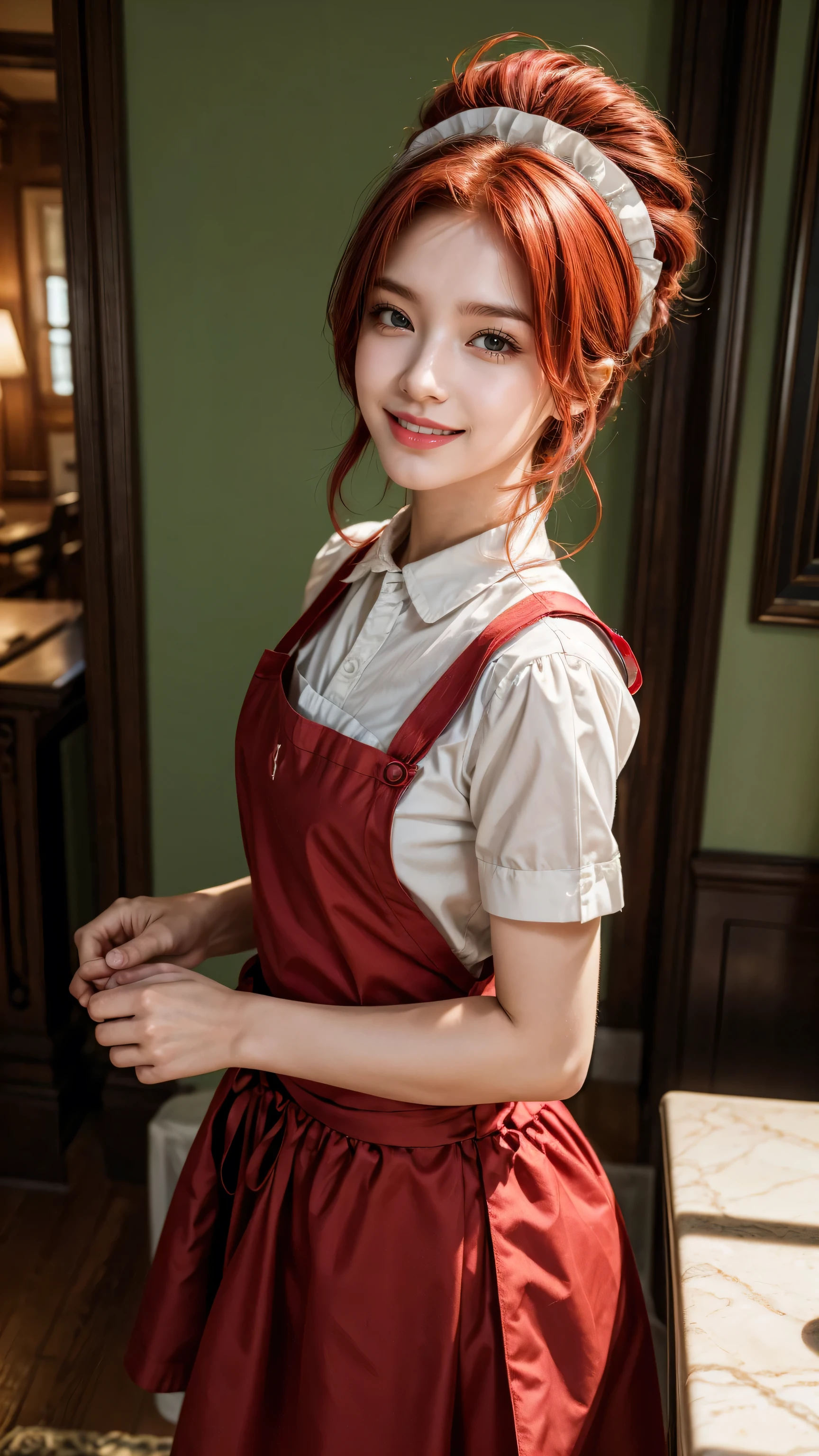 best quality, masterpiece, Solitary, 1 boy, Smile,Red hair, maid, maid apron, maid headdress, Green Eyes,