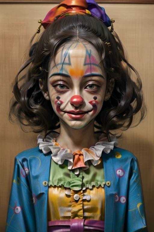 ｛ (masterpiece: 1.2, highest quality), Tan Skin、 Doll-like face, Manga style, rough sketch,｝、Unique atmosphere、clown,（Cute face）、((clownの衣装:1.3))、Japanese painting,whole body,Creepy Appearance, Characteristic hairstyle, kimono、
