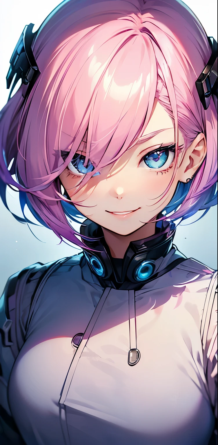 Realistic、1girl、fluorescence pink hair、blue eyes、(eye focus:1.3,face focus:1.3,upper body:1.5),(gradient eyes:1.3),(blouse)、smiley face,laugh with your mouth wide open,(happy:1.3),short hair、cute face,portrait,