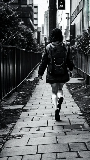 A female zombie is walking、Monochrome