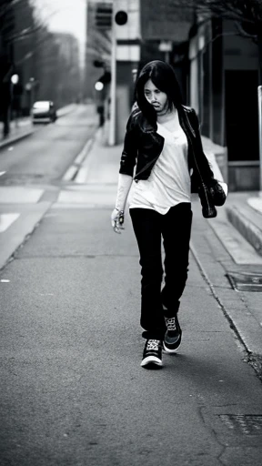 A female zombie is walking、Monochrome