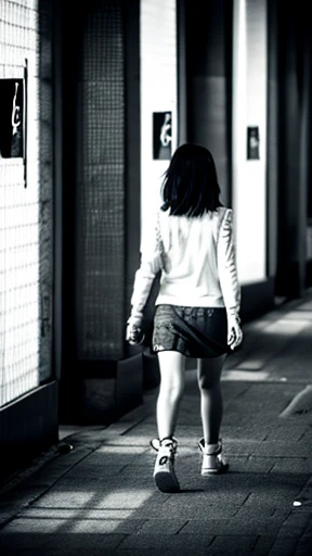 A female zombie is walking、Monochrome
